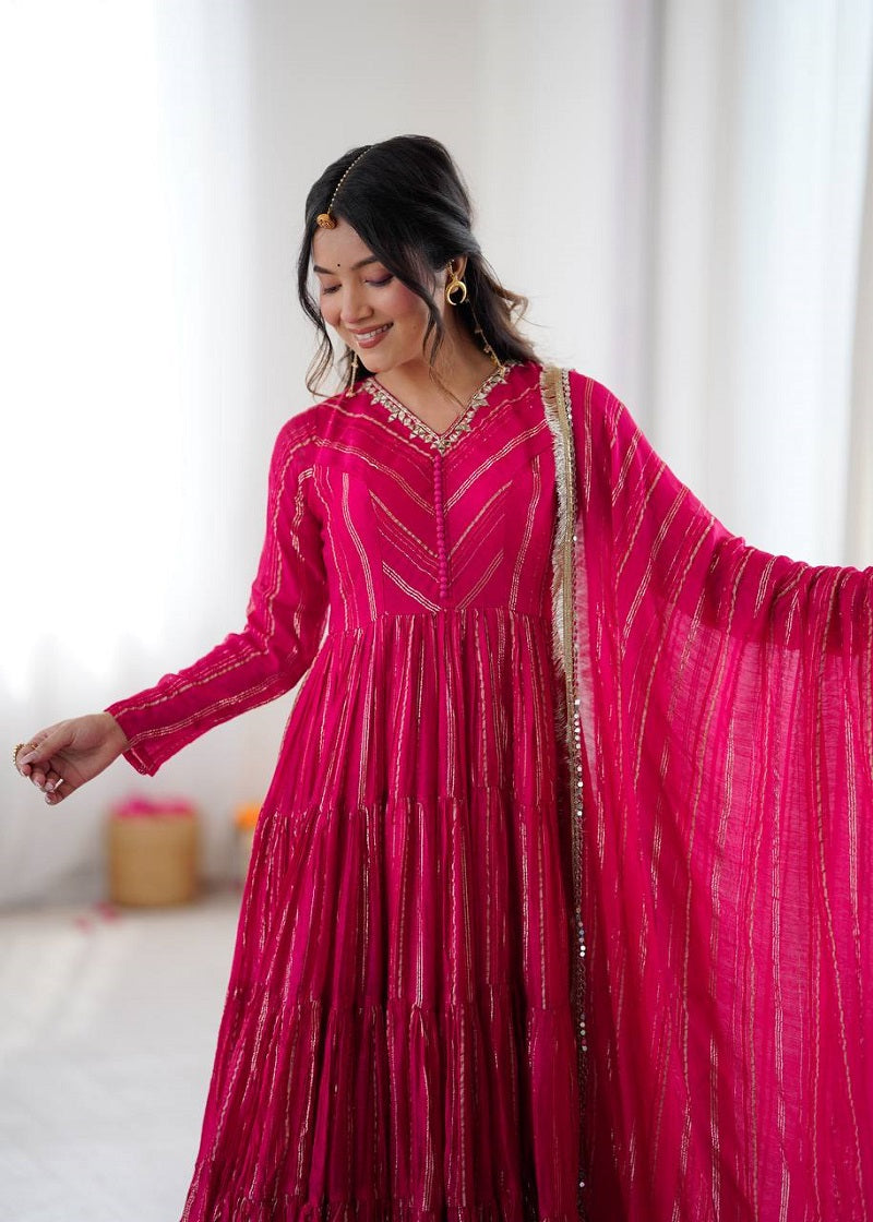 Ranipink Mal Chanderi Real Mirror With Handwork Wedding Anarkali Suit