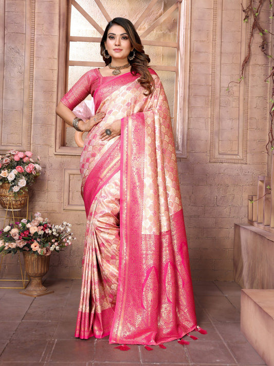 Cream Banarasi Chaturi Silk with Weaving Saree With Blouse