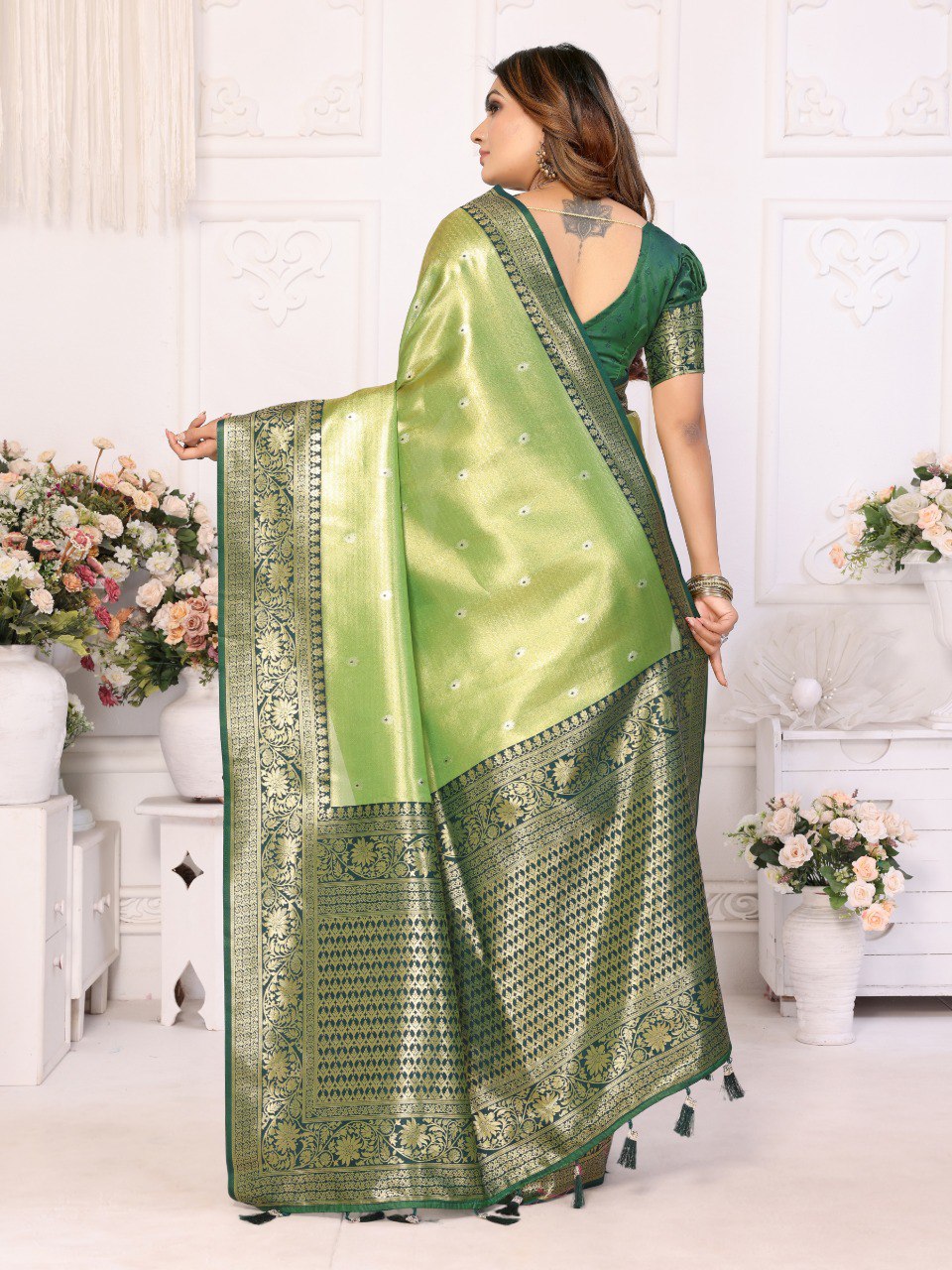 Light Green Tissue Silk with Butti Weaving Saree With Blouse