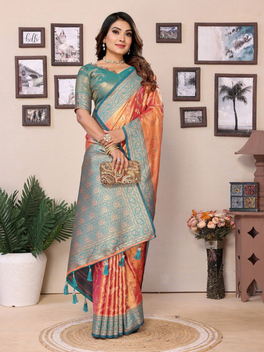 Orange Tissue Silk with jaal Weaving Saree With Blouse