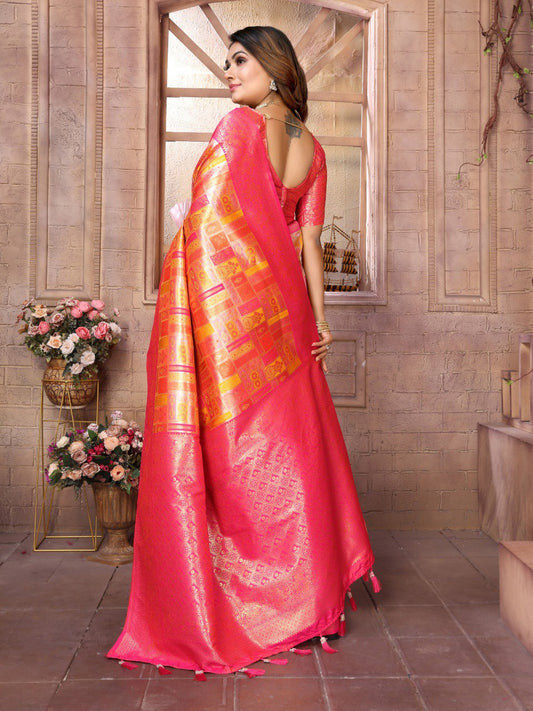 Orange Banarasi Chaturi Silk with Jari Weaving Saree With Blouse