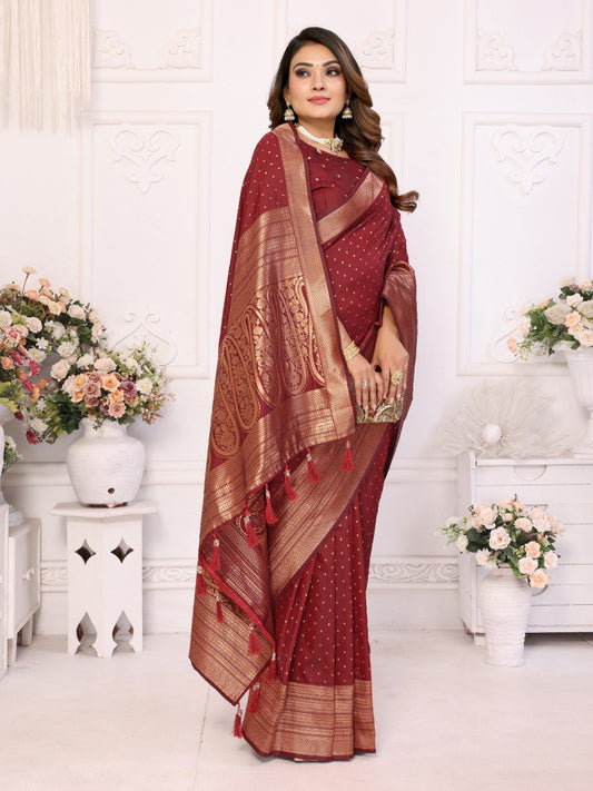 Dark Maroon Silk with Zari Weaving Saree With Blouse