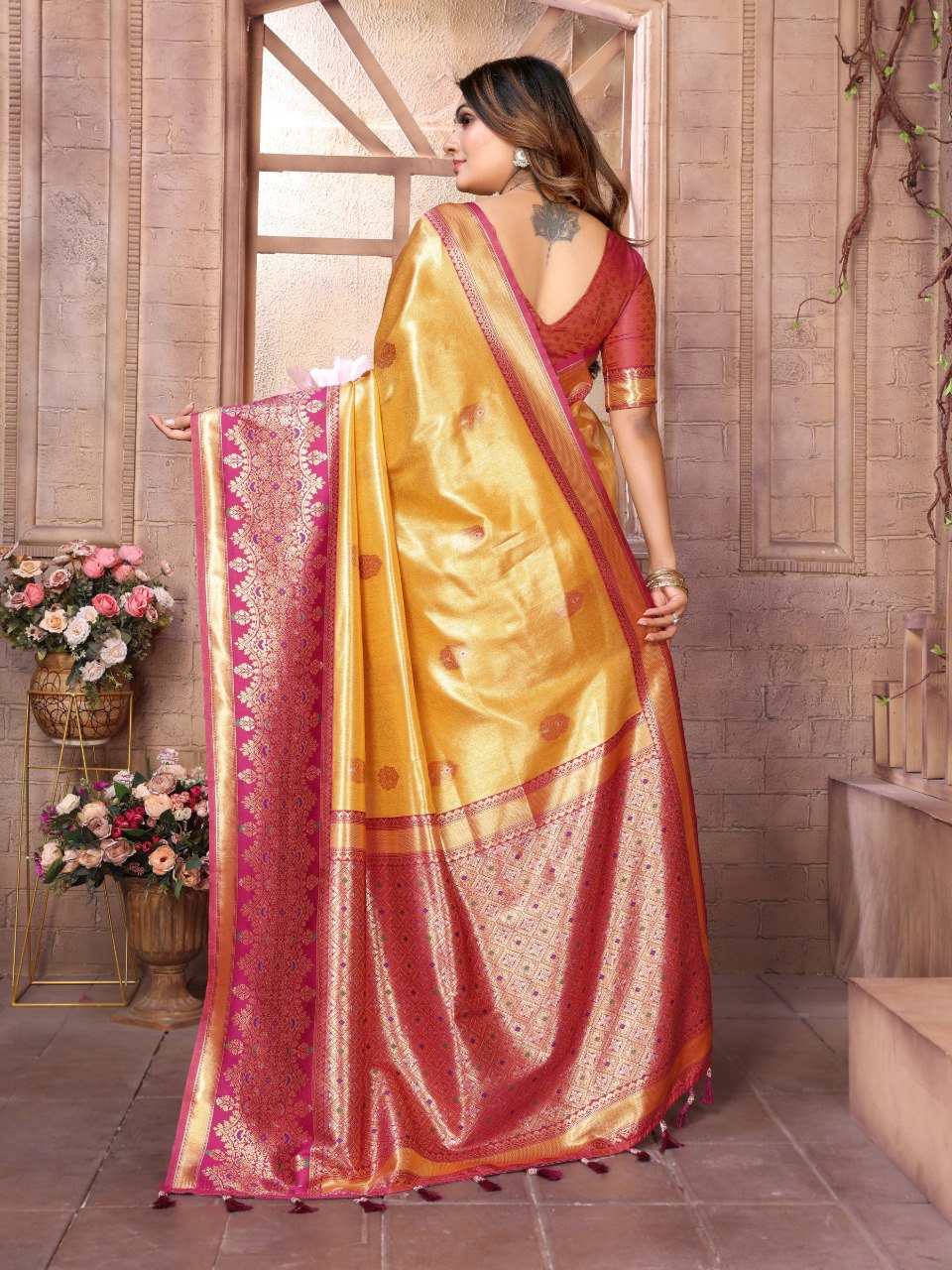 Yellow Tissue Silk with Weaving Saree With Blouse