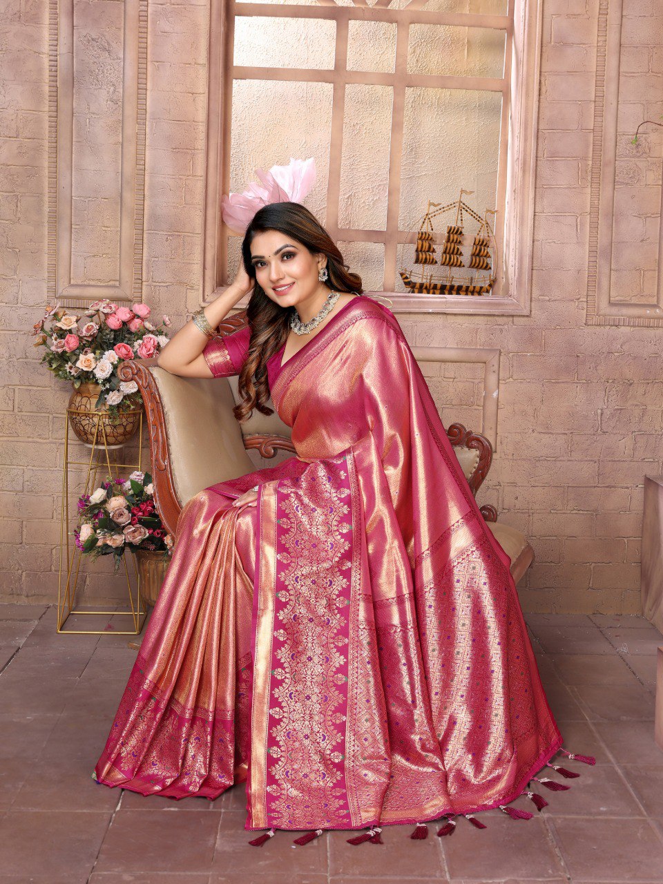 Peach Tissue Silk with Weaving Saree With Blouse