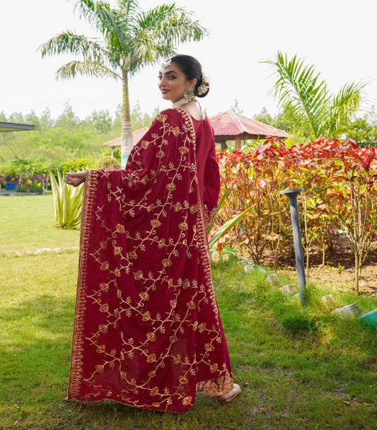 Women's Red Heavy Chinon Suit With Sequence Embroidered Work