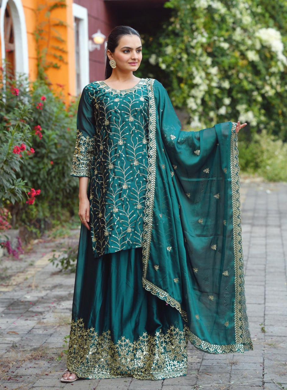 Beautiful Heavy Rangoli Suit With Sequence Embroidered Work