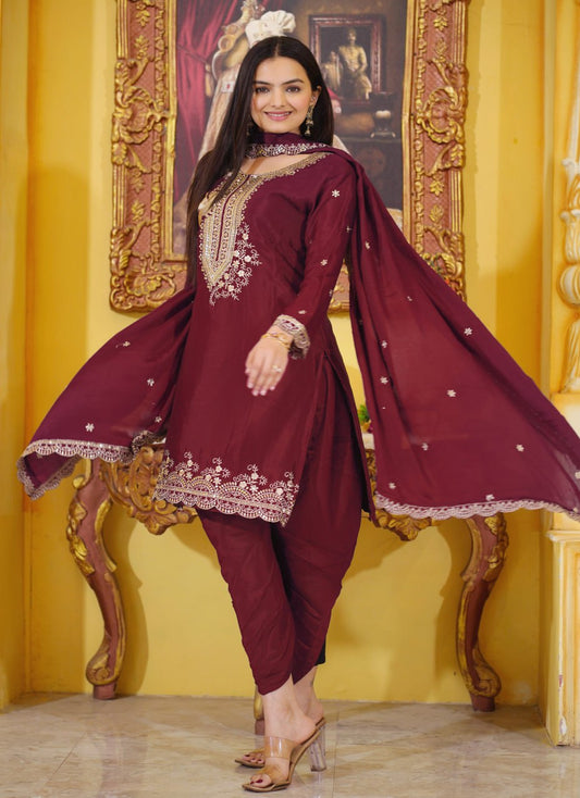 Maroon Heavy Chinon Suit With Sequence Embroidered Work