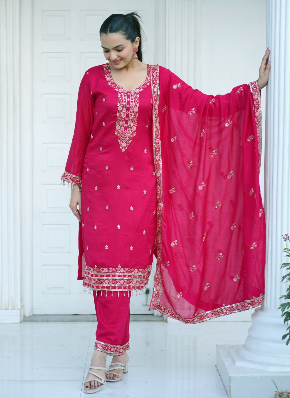 Heavy Blooming Vichitra Suit With Sequence Embroidered Work