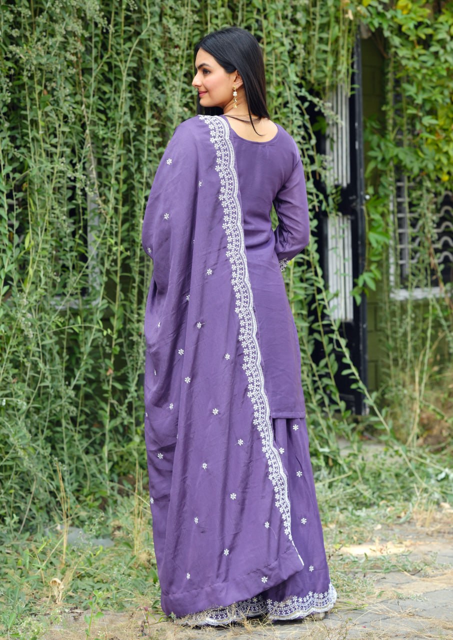 Beautiful Heavy Chinon Suit With Sequence Embroidered Work 44 Purple