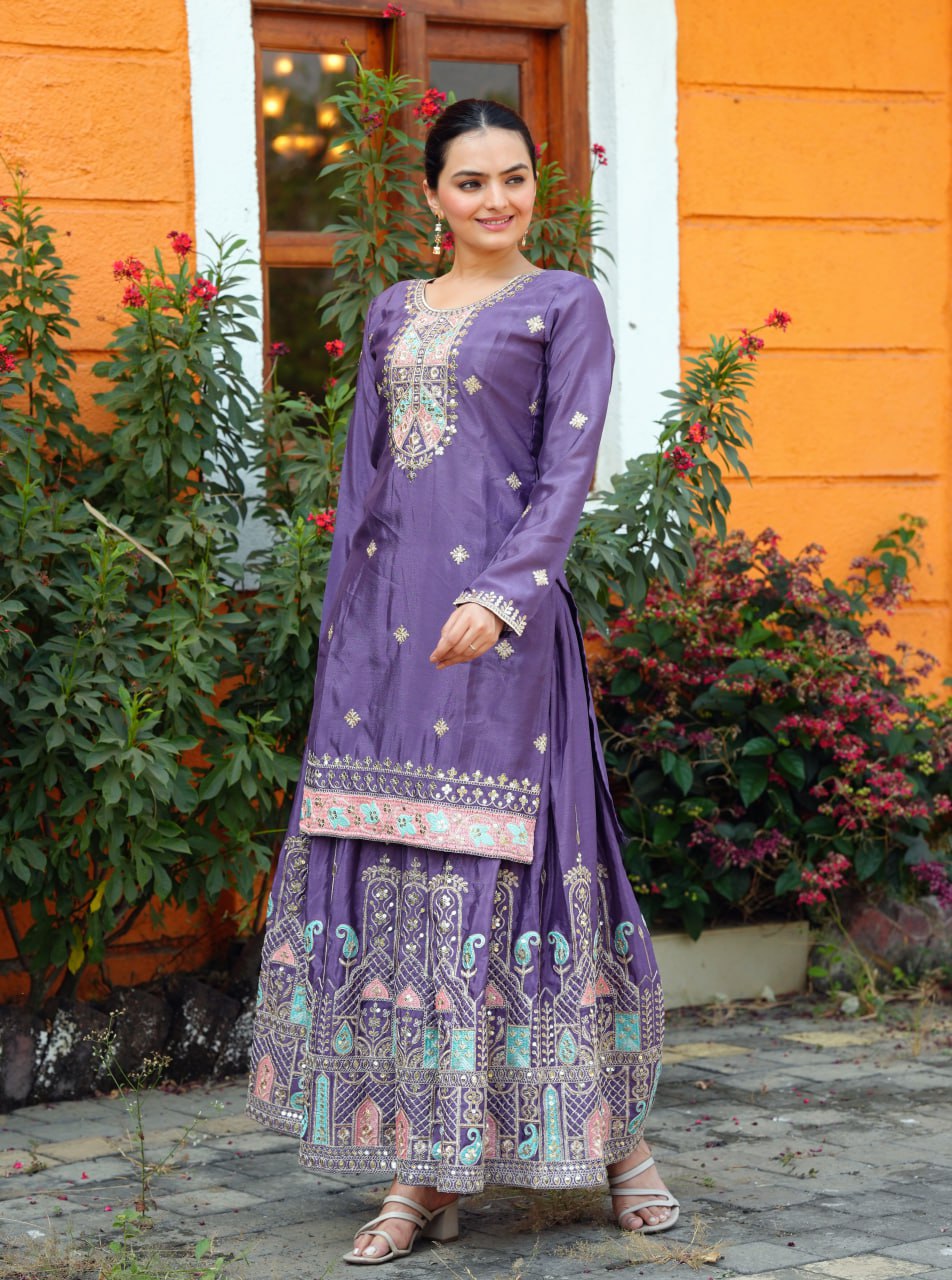 Heavy Chinon Suit With Sequence Embroidered Work 53 Purple