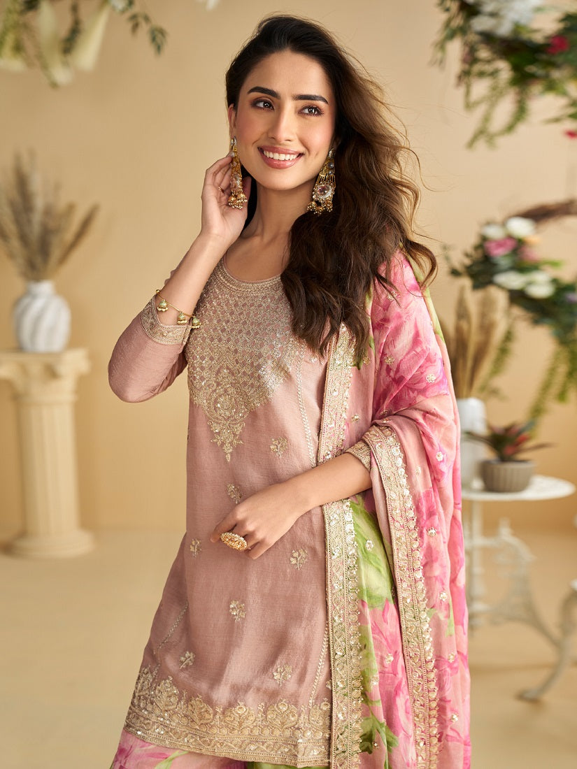 Women's Pink Chinon Silk Zari Embroidered Sequins Sharara Suit
