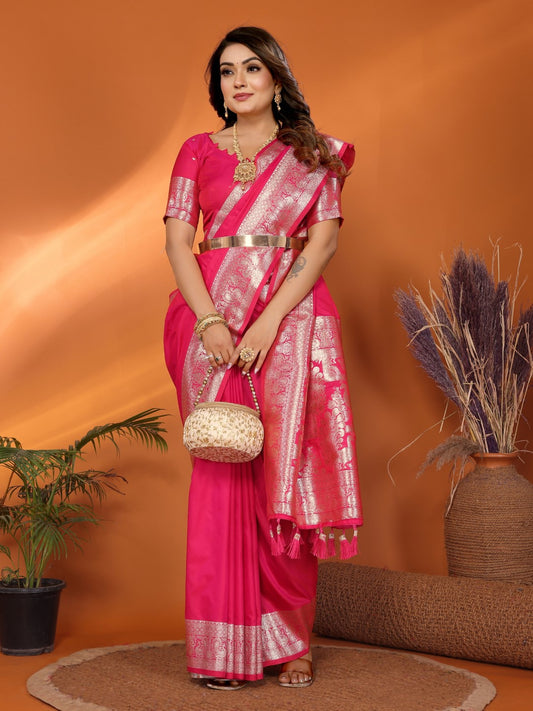 Pink Banarasi Silk Saree With Weaving Work