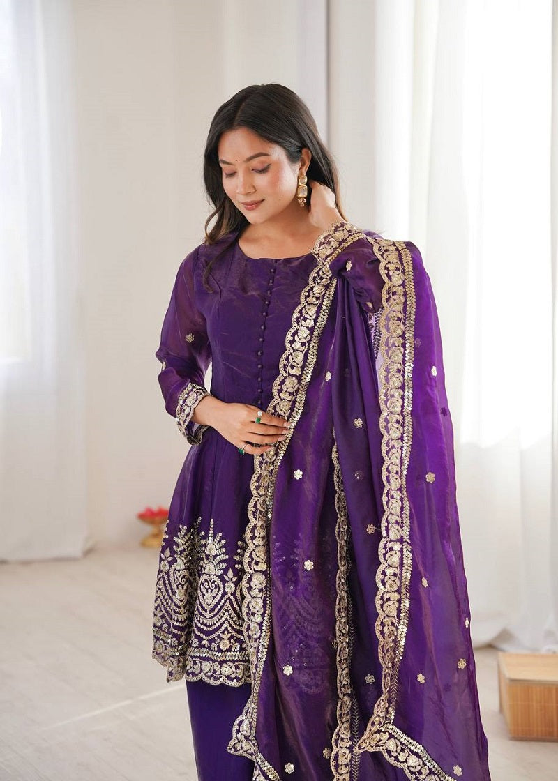 Purple Fendy Satin With Embroidered Real Mirror Work Plazzo Set