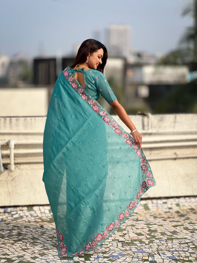 Sky Blue Color Crush Silk Fabric Designer Embroidered Wedding Special Saree