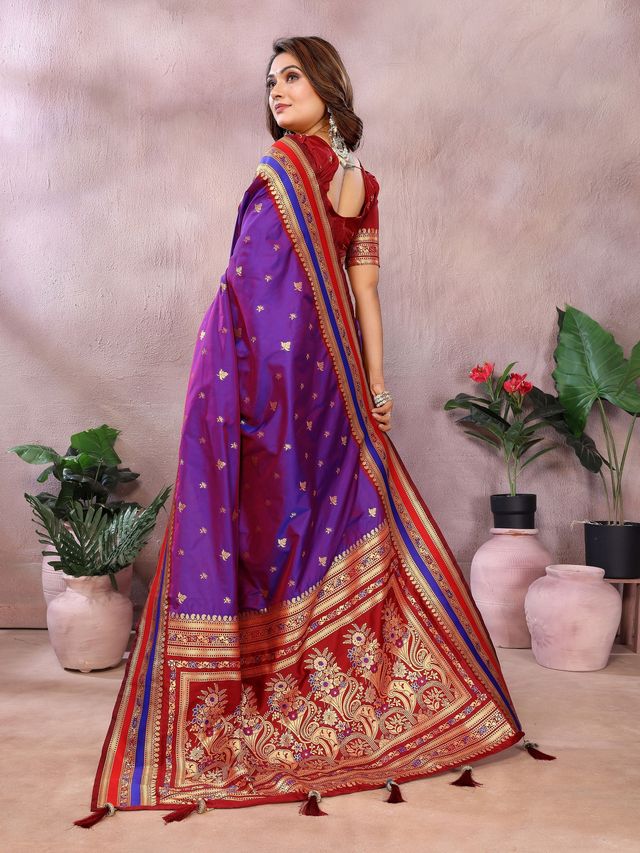 Purple Color Handloom Silk Fabric Jacquard Weaving Designer Partywear Saree