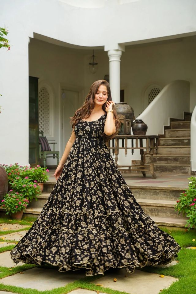 Festive wear gown collection digital printed work Black And Crem