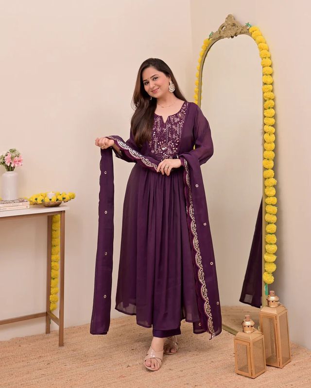 WineColor Chanderi Silk Fabric Designer Embroiderd Stitched Suit