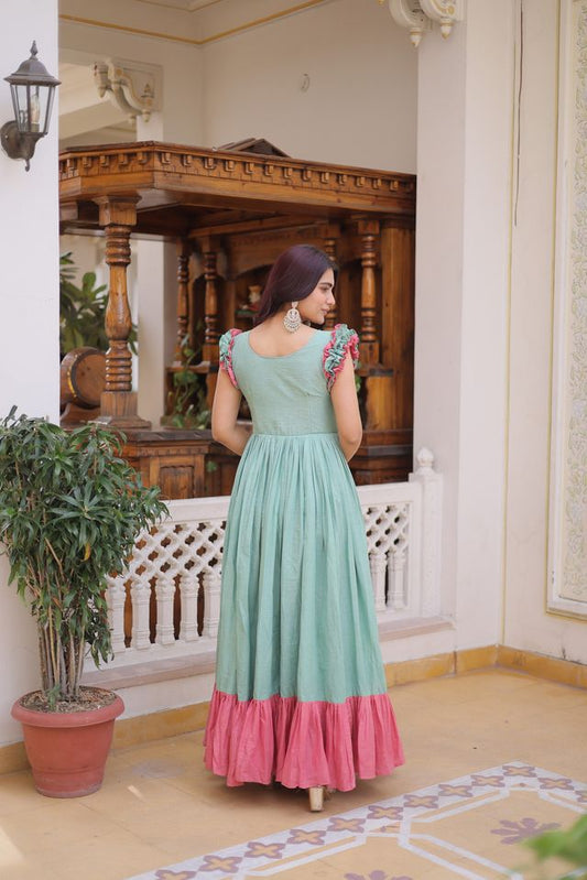 Green Color Beautiful Girlie Readymade Gown For Graceful Girlie Looks