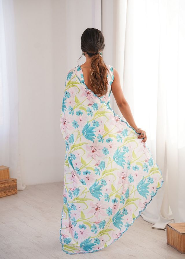 White Color Girlie Chinon Fabric Designer Digital Printed Ceremonial Saree