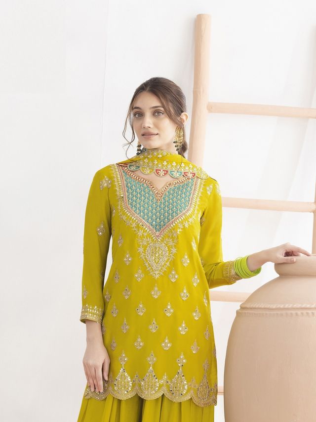 Yellow Color Chinon Fabric Designer Embroidered Graceful Palazzo Dress