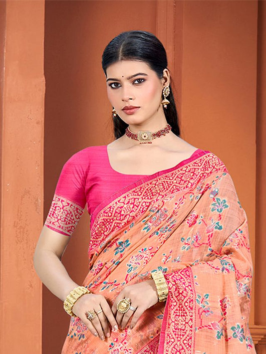 Peach Color Cotton Silk Fabric Woven Meenakari Designer Ethnic Saree