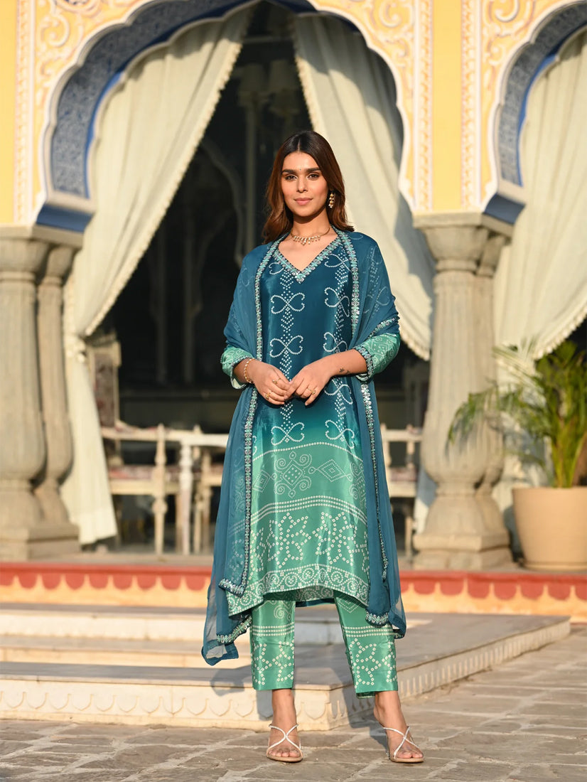 Women's Chinon Fabric Straight Kurta, Pant and Dupatta Set