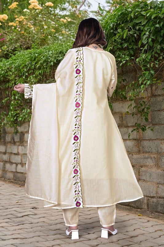 Cream Color Chanderi Fabric Designer Embroidered Readymade Suit
