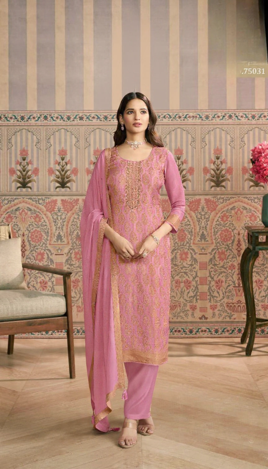 Viscose Lotus Simmer Semi Stitched Suit with Jacquard Work