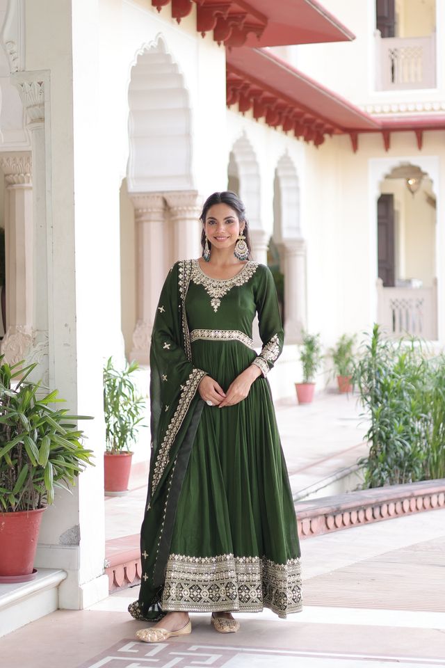 Green Color Heavy Embroidered Ethnic Beautiful Gown With Dupatta