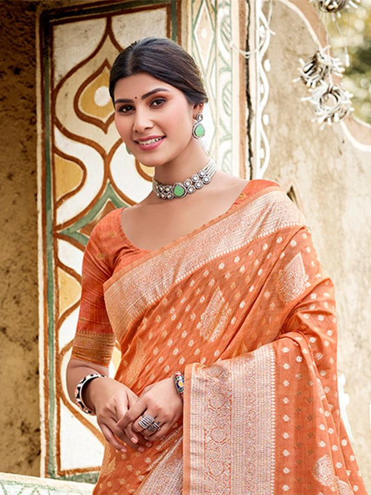 Orange Color Assam Silk Fabric Woven Designer Saree For Party Looks