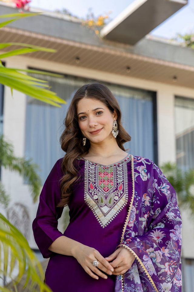 Purple Color Beautiful Chanderi Fabric Designer Ceremonial Readymade Suit