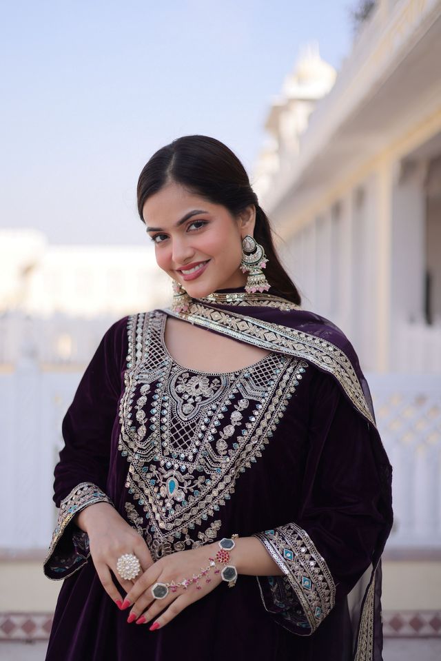Wine Color Designer Ethnic Heavy Partywear Suit For Ceremonial Looks