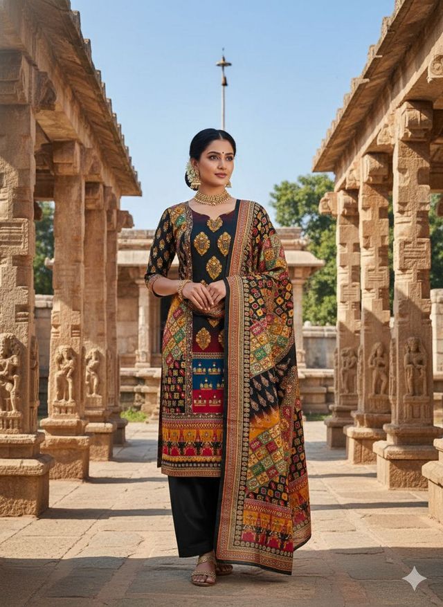 Black Color Chinon Fabric Designer Printed Ethnic Ceremonial Suit
