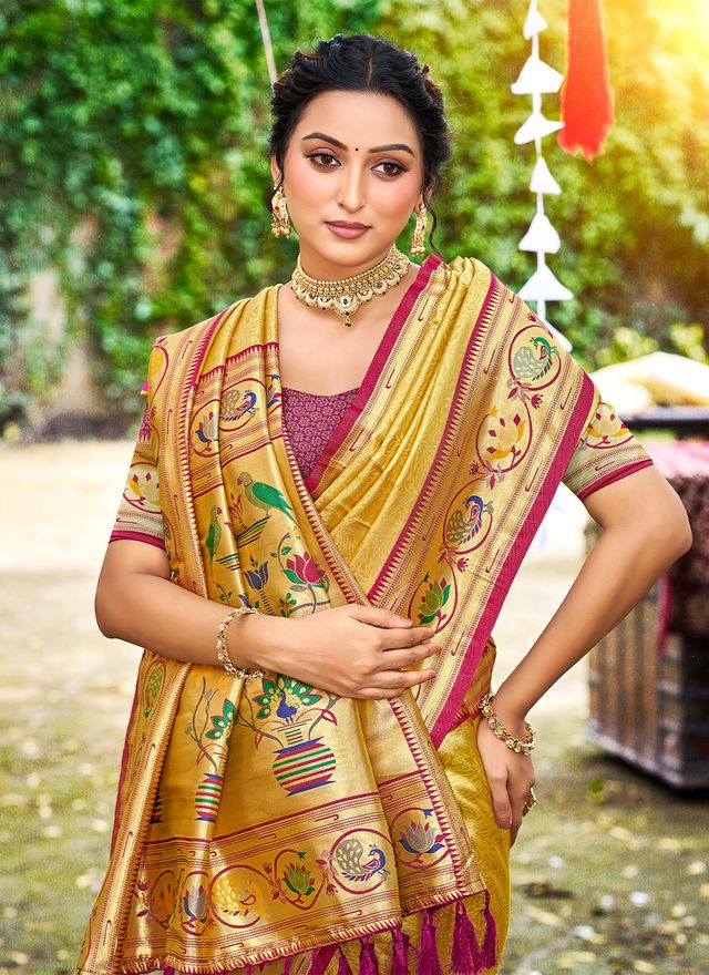 Yellow Color Silk Blended Woven Designer Ethnic Partywear Saree