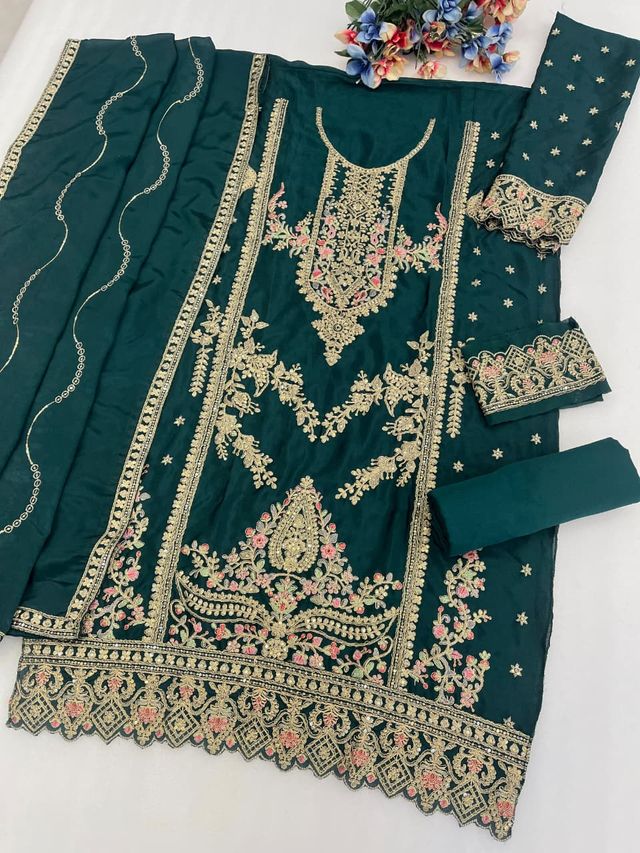 Bottle Green Chinon Semi stitched Wedding Suits