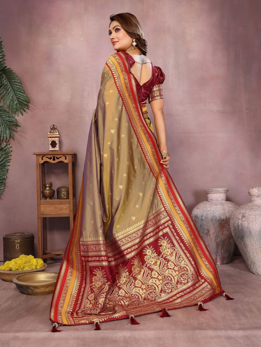 Beige Color Handloom Silk Fabric Jacquard Weaving Designer Partywear Saree