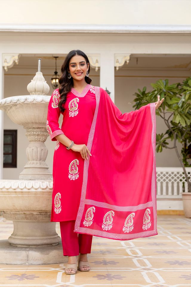 Pink Color Rayon Fabric Ceremonial Readymade Kurta Set with Dupatta
