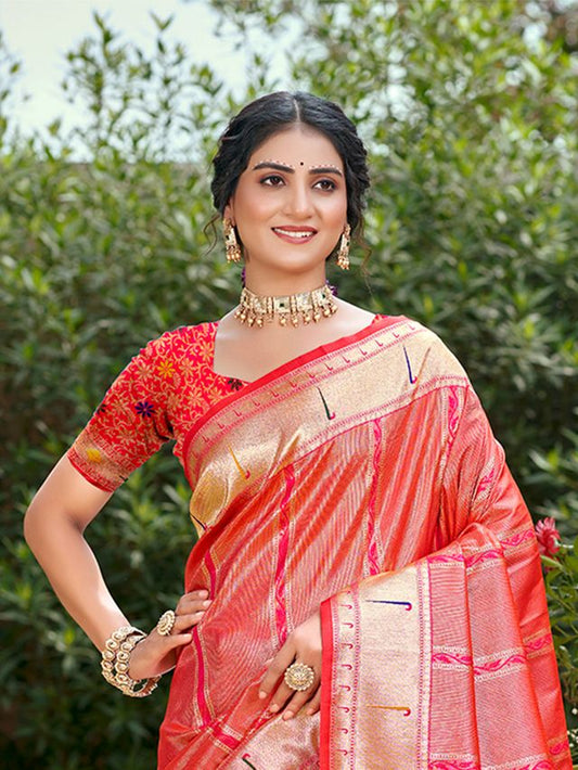 Woven Meenakari Designer Coral Pink Color Ethnic Partywear Saree