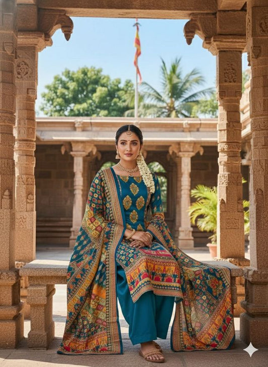 Firozi Color Chinon Fabric Designer Printed Ethnic Ceremonial Suit