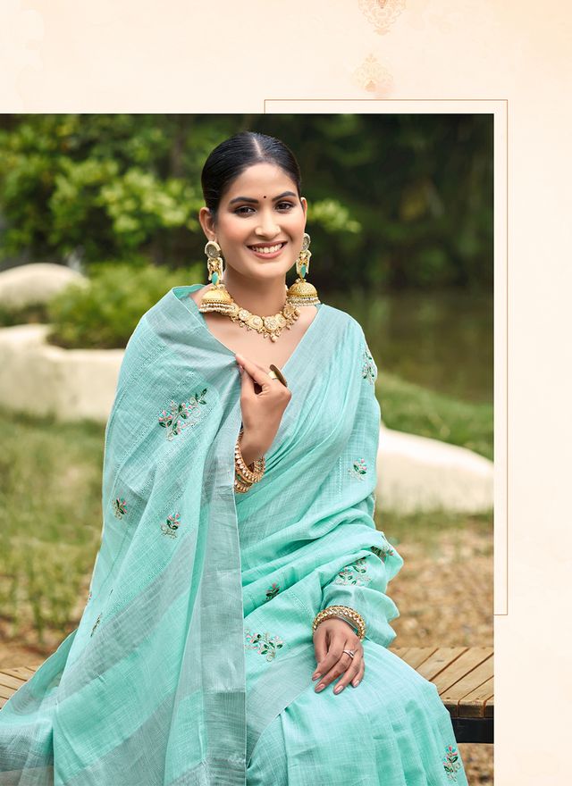 Turquoise Color Beautiful Linen Fabric Sophisticated Ethnic Saree