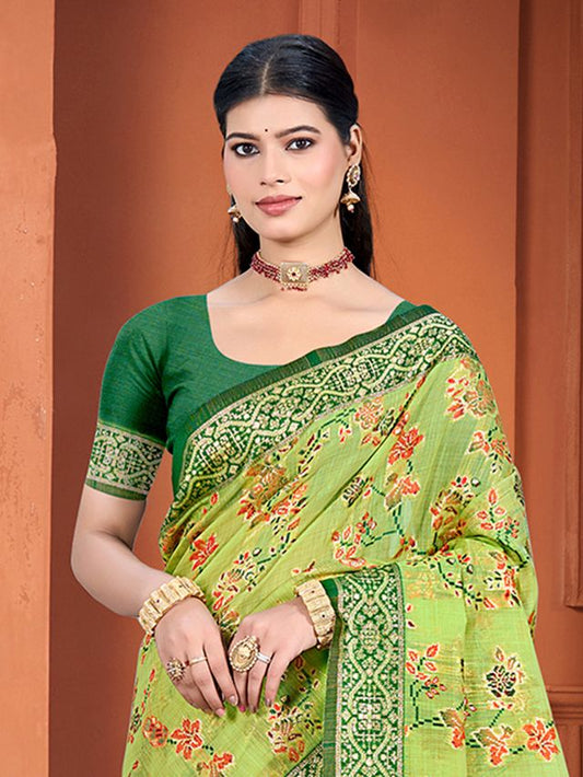 Olive Color Cotton Silk Fabric Woven Meenakari Designer Ethnic Saree