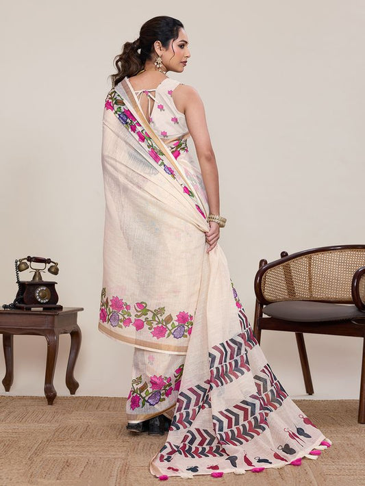 Off White Color Linen Silk Fabric Beautiful Partywear Saree