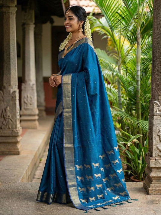Royal Blue Color Soft Silk Fabric Woven Designer Saree For Ethnic Looks