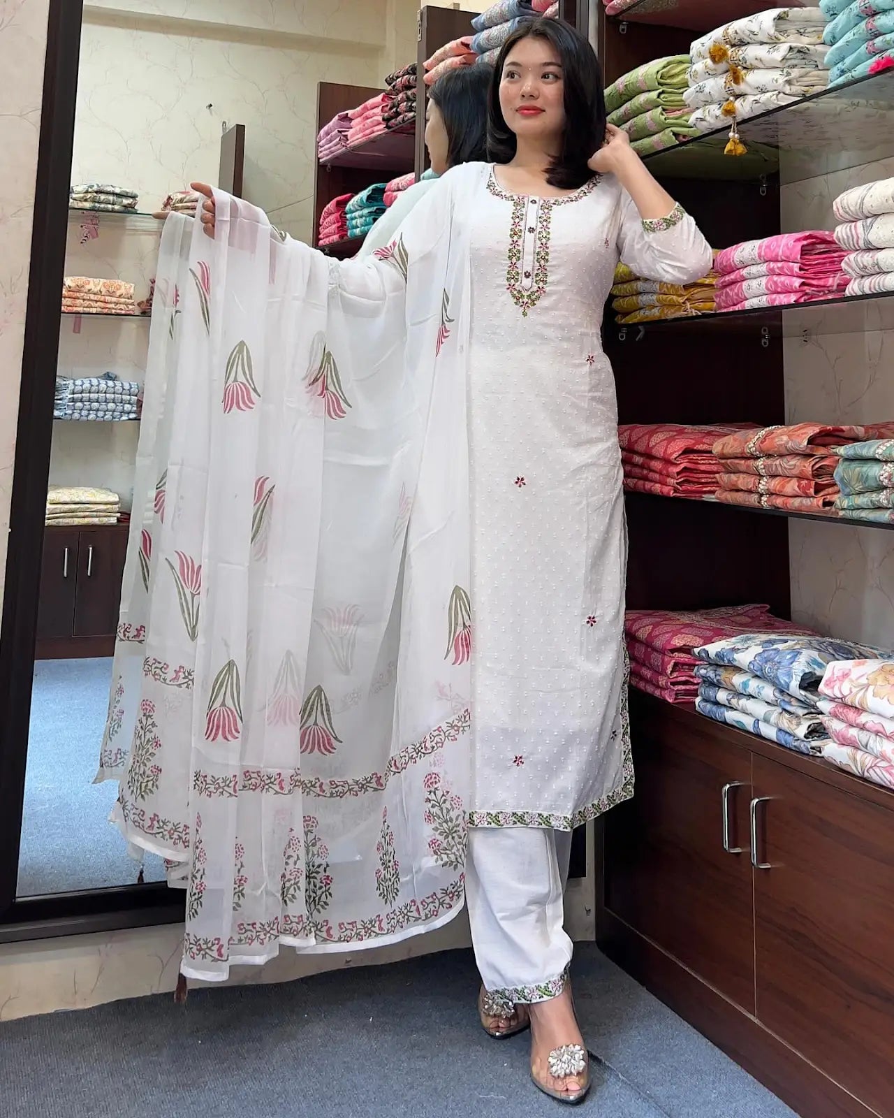 Women's Gorgeous Georgette Butti Fabric Embroidery Work Straight Kurta Pant and Dupatta Set