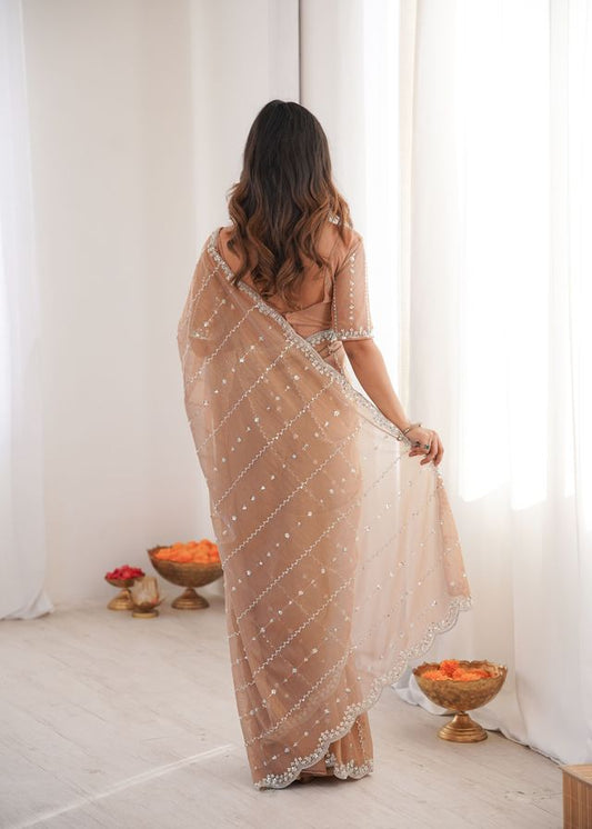 Beige Color Twill Net Fabric Ethnic And Girlie Ceremonial Saree For Girls