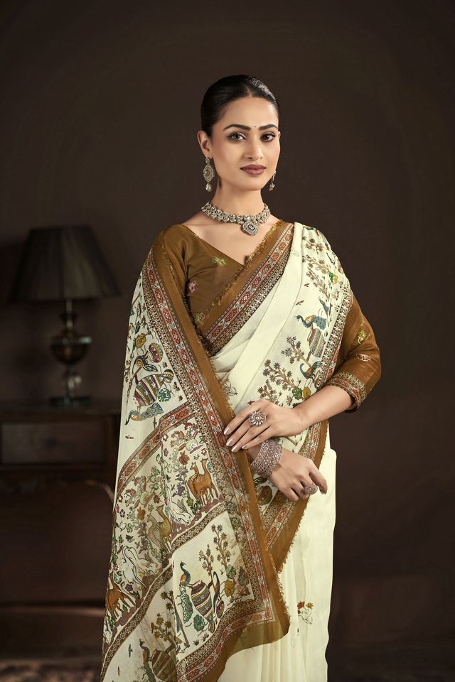 Cream Color Crepe Silk Fabric Designer Foil Printed Saree