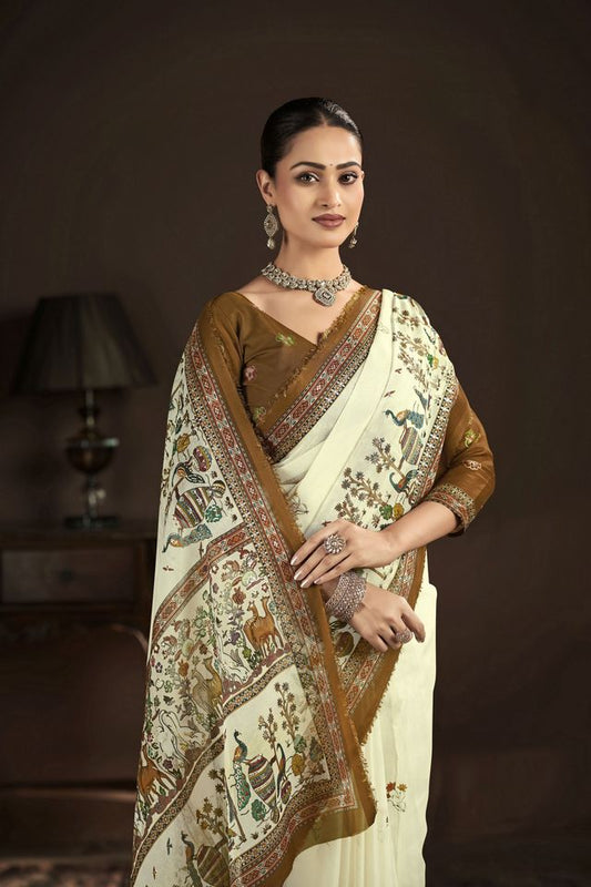 Cream Color Crepe Silk Fabric Designer Foil Printed Saree