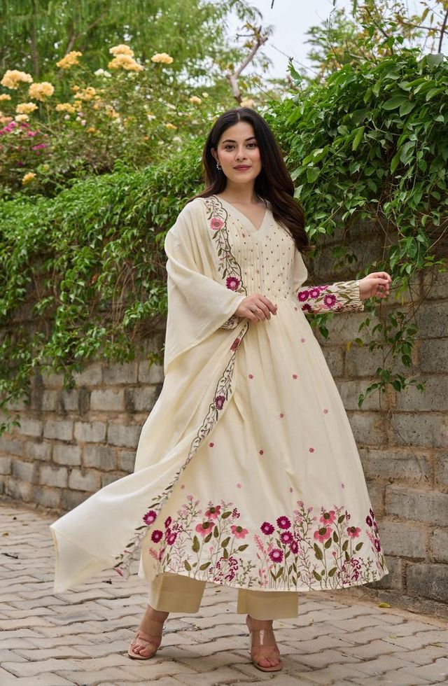 Cream Color Chanderi Fabric Designer Embroidered Readymade Suit