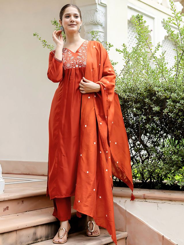 Rust Color Viscose Blend Fabric Designer Embroidery Work Graceful Partywear Suit