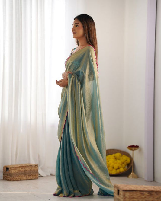 Sky Blue Color Beautiful Bollywood Style Ceremonial Saree With Beeds Work Blouse